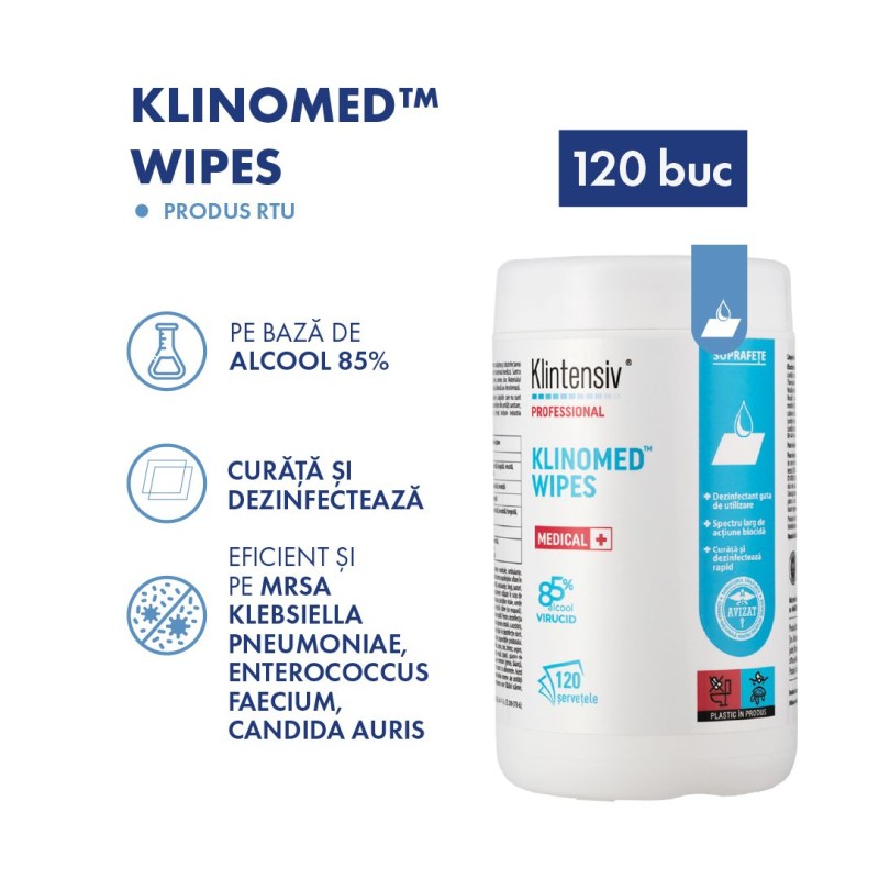 Klinomed wipes - servetele suprafete 85% alcool 120buc/tub - BAX 6 BUC Klinomed wipes - servetele suprafete 85% alcool 120buc/tub - BAX 6 BUC 3